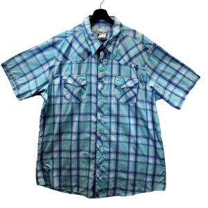 Wrangler Wrancher Shirt Mens 2XT XXL Tall Blue Plaid Pearl Snap Short Sleeve VTG